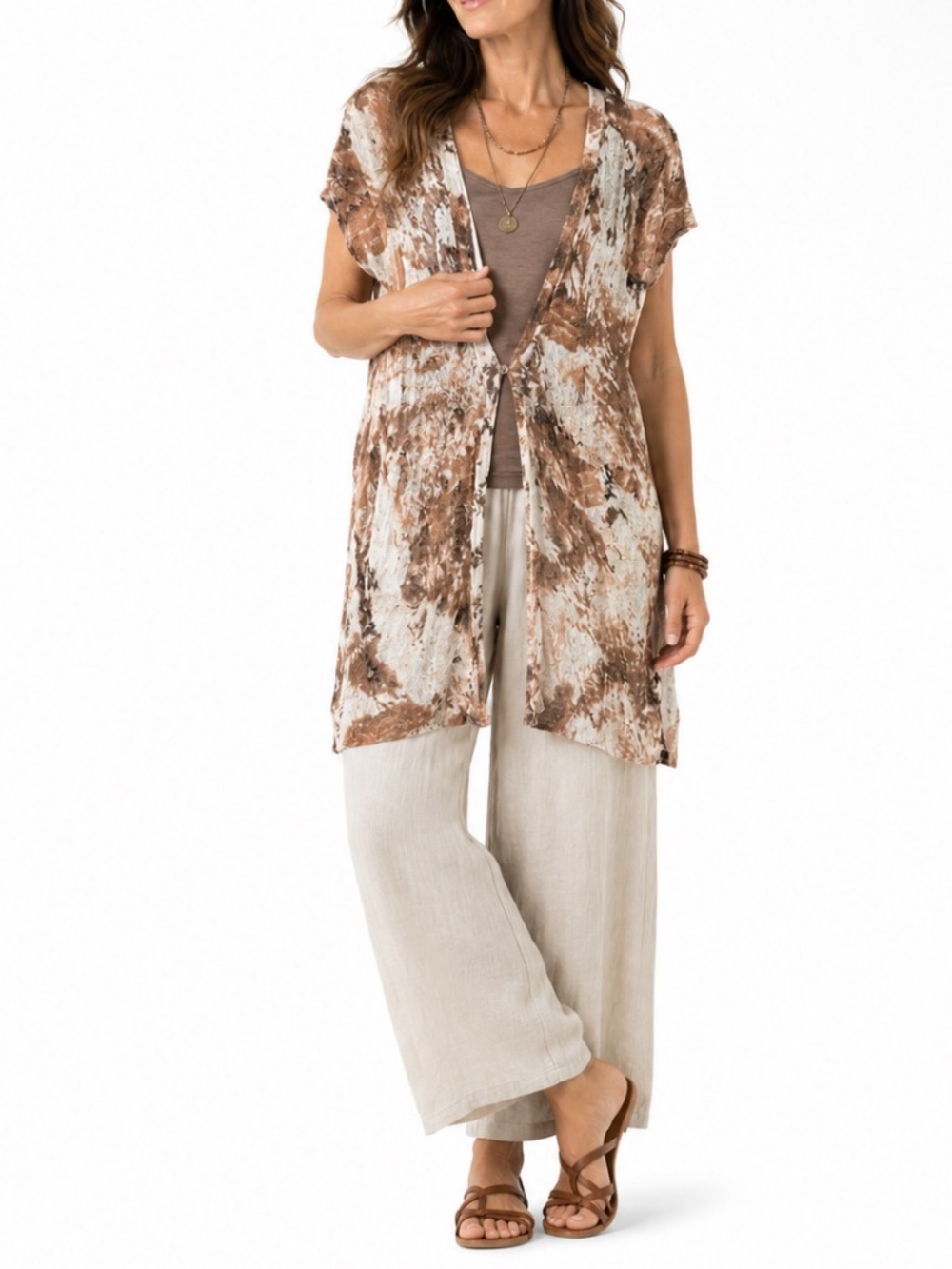 ZOZO Brown Linen Earthy Boho Long Cardigan Topper Artsy Lightweight Knit Layer M